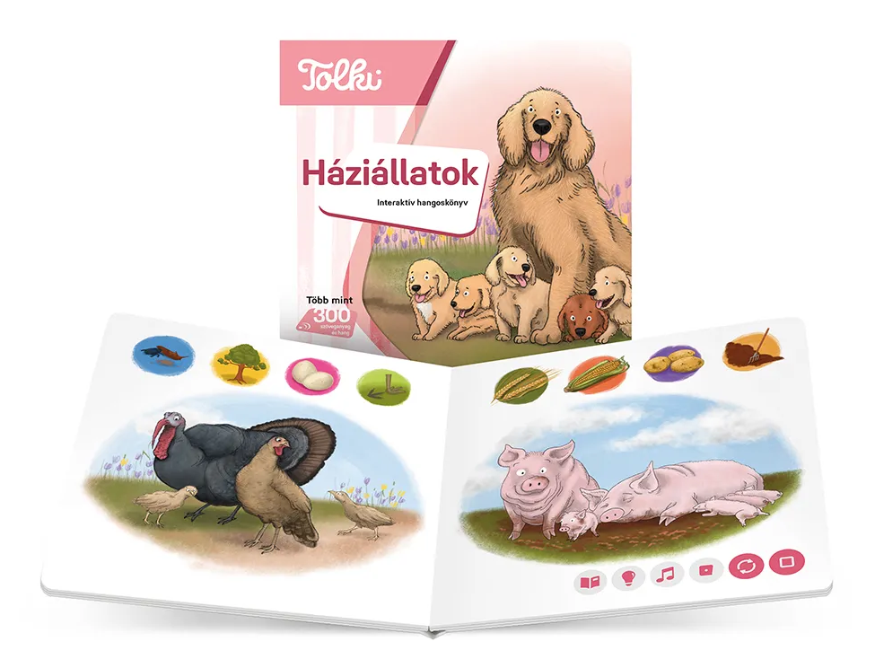 Kinyitott könyv kutyacsaláddal felül és háziállatokkal alul.