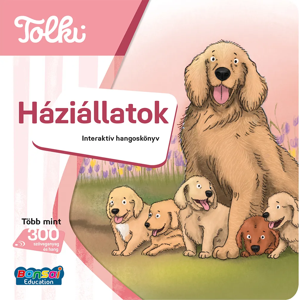 Golden retriever kutyák csoportja, egy felnőtt és öt kölyök, füvön virágokkal.