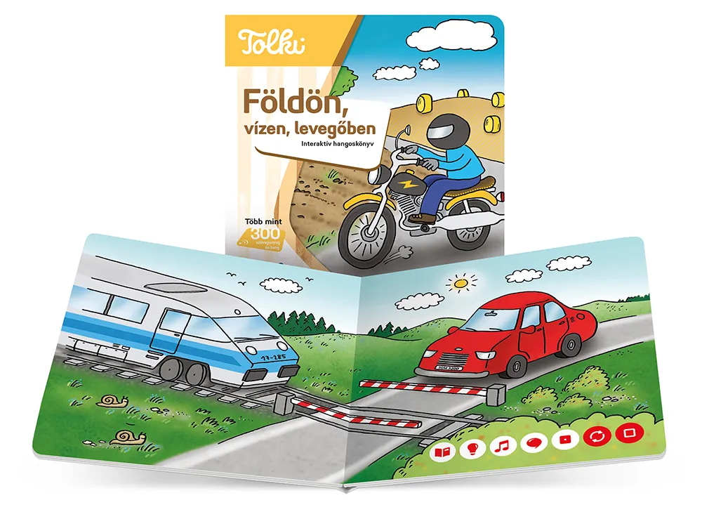 Egy könyv motorost, vonatot és piros autót mutat egy vasúti átjárónál.
