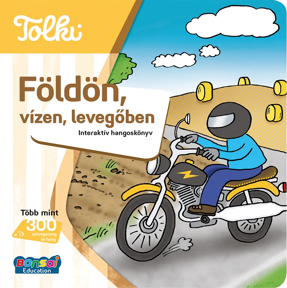 Rajzfilmfigura motorozik, sárga szénabálák vannak a háttérben.