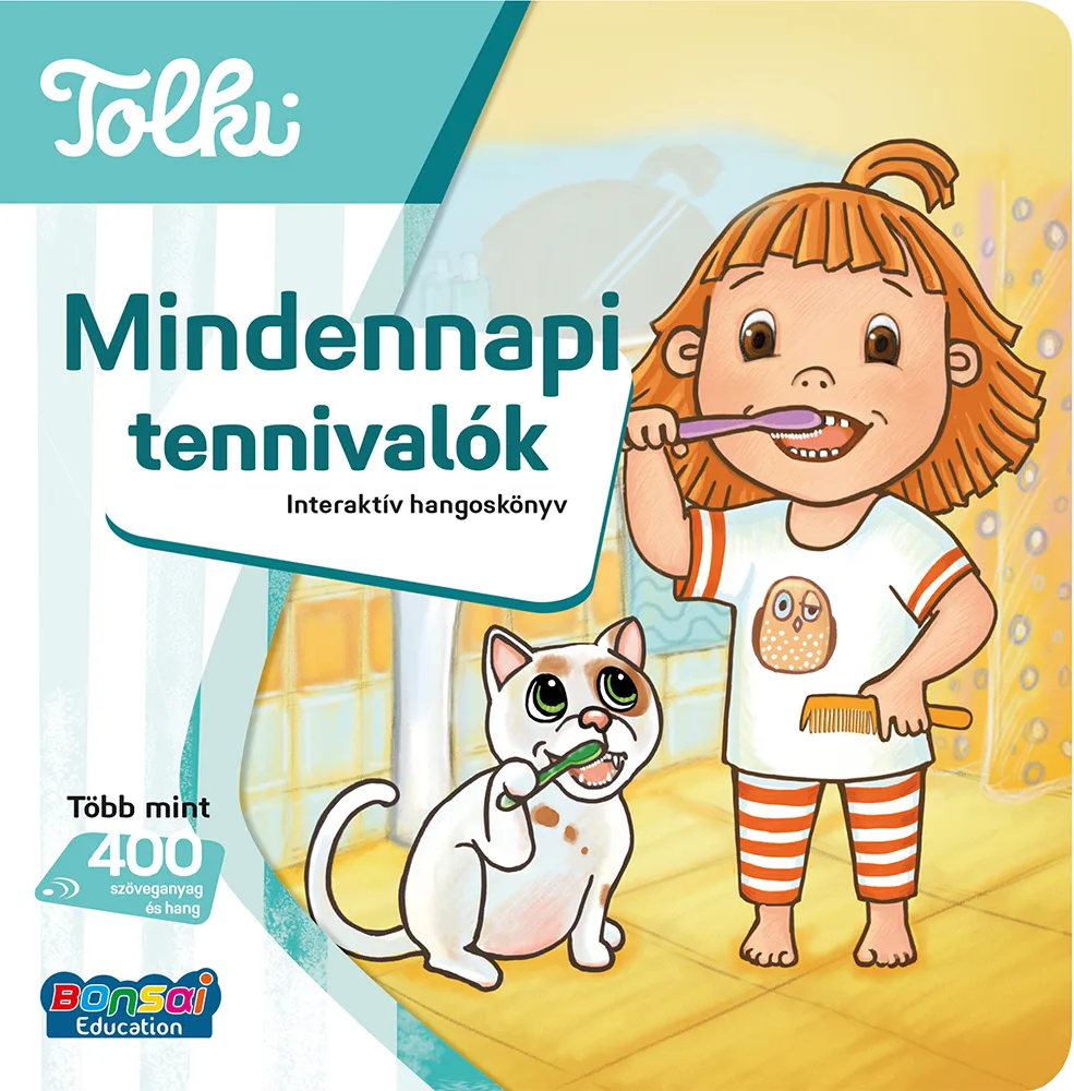 Egy lány és egy macska fogat mosnak egy fürdőszobában.