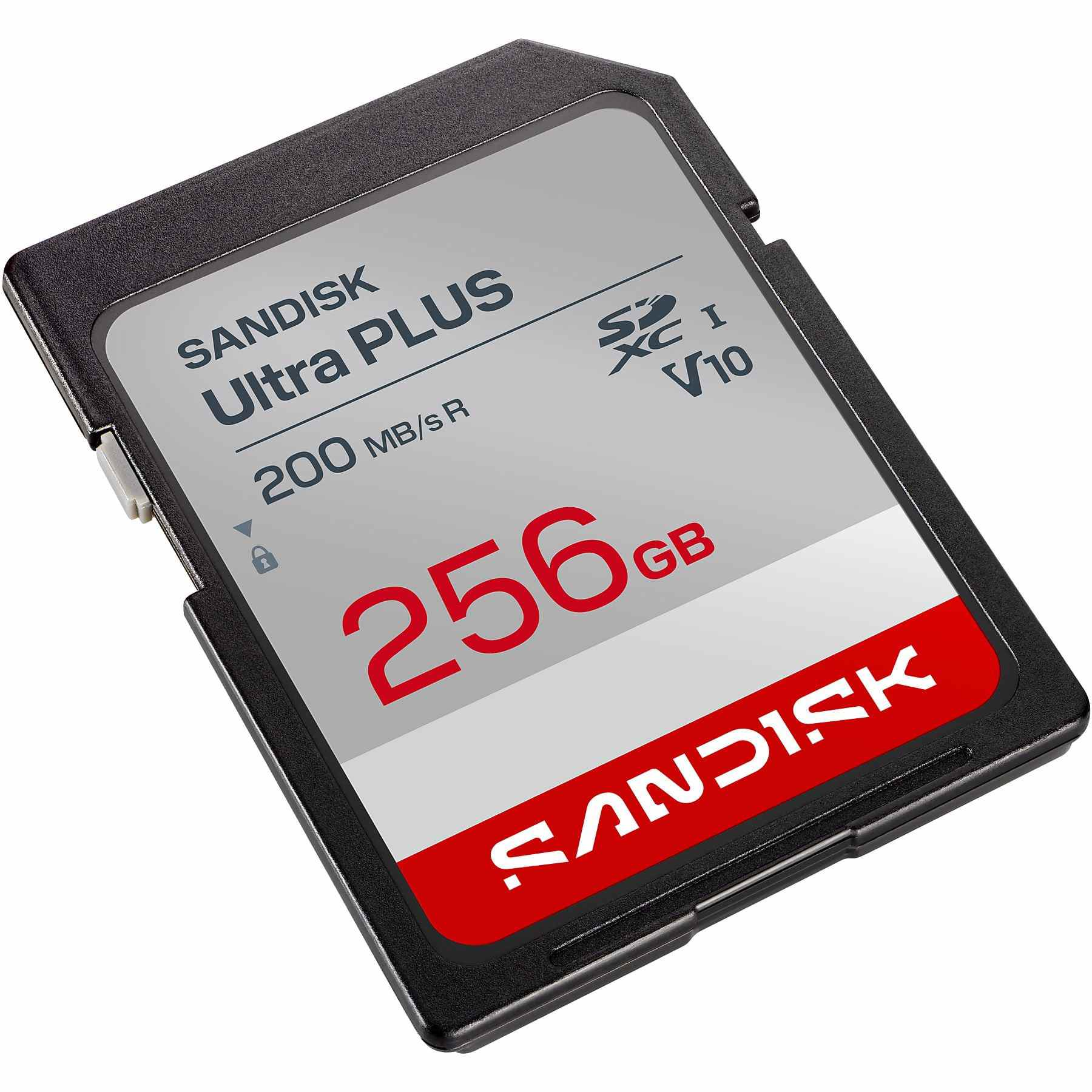 Tarjeta SD Sandisk 256GB Ultra Plus con logo rojo.