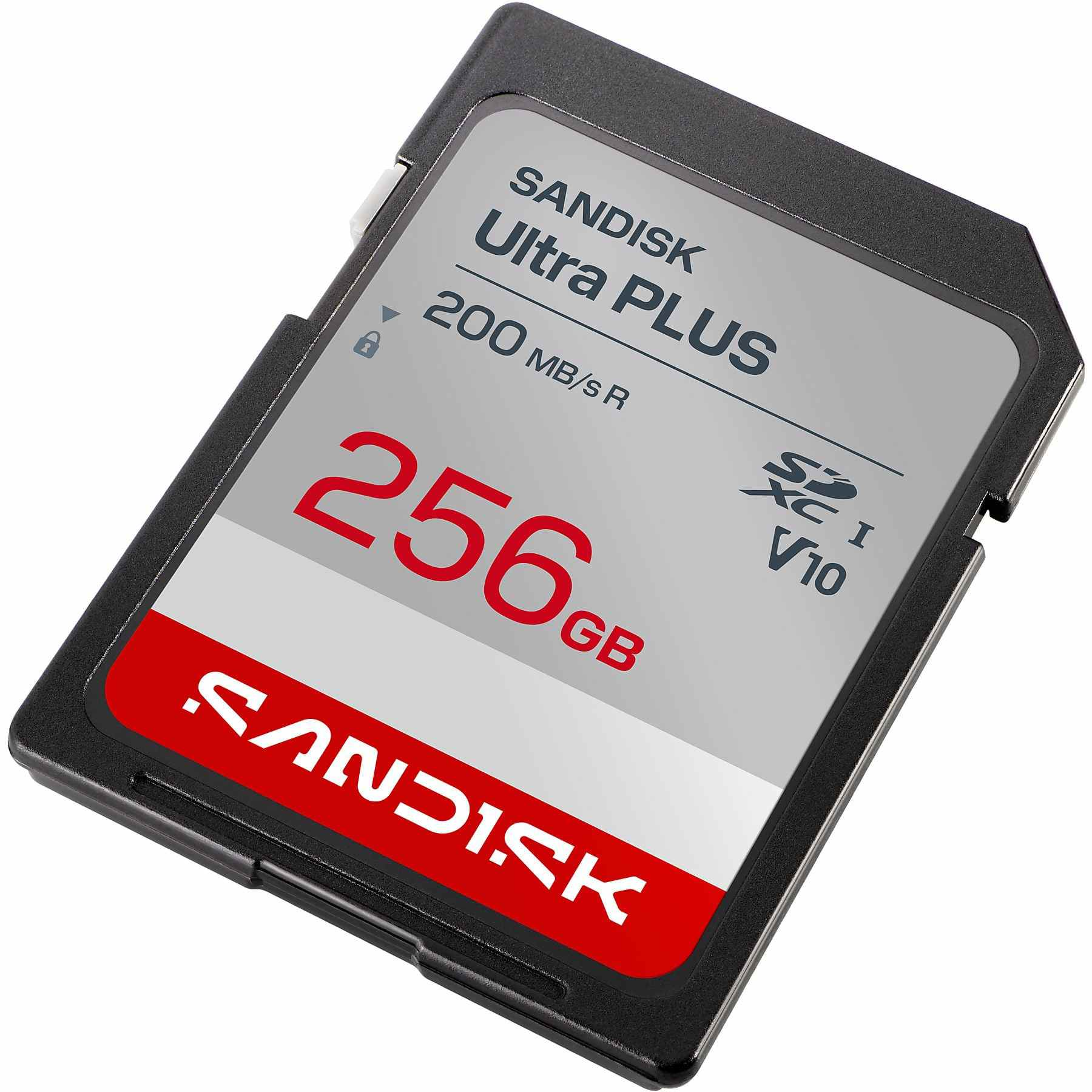 Tarjeta de memoria Sandisk Ultra Plus 256GB SDXC con logo rojo y texto blanco.