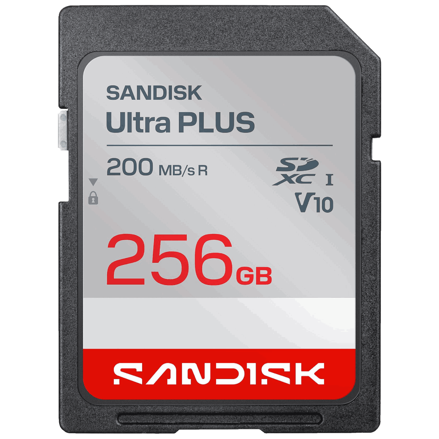 Tarjeta SD Sandisk Ultra Plus de 256GB con 200MB/s de lectura.