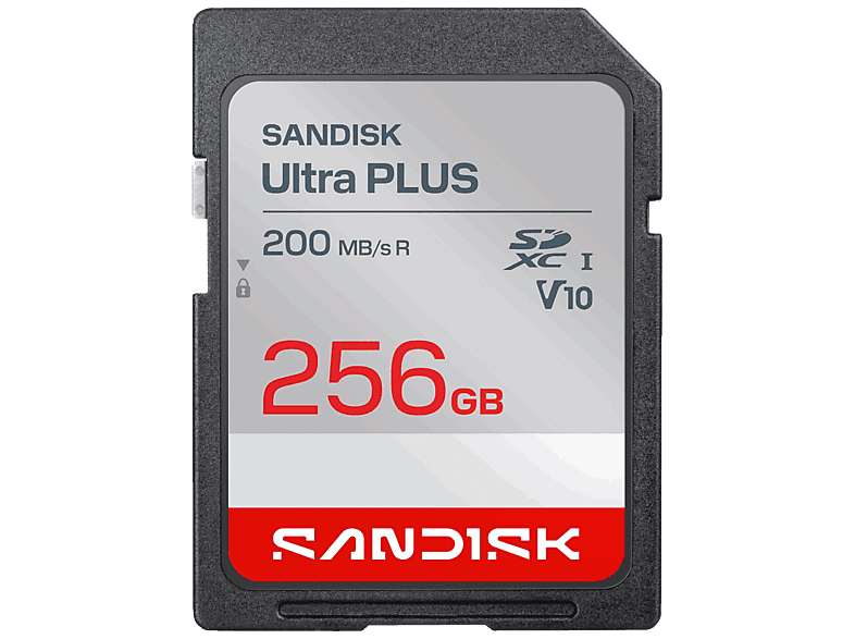 Tarjeta SD - SANDISK Ultra Plus, 256 GB, Hasta 200 MB/s, UHS-I, Vídeo Full HD, V10, C10, Resistente al Agua, Plata