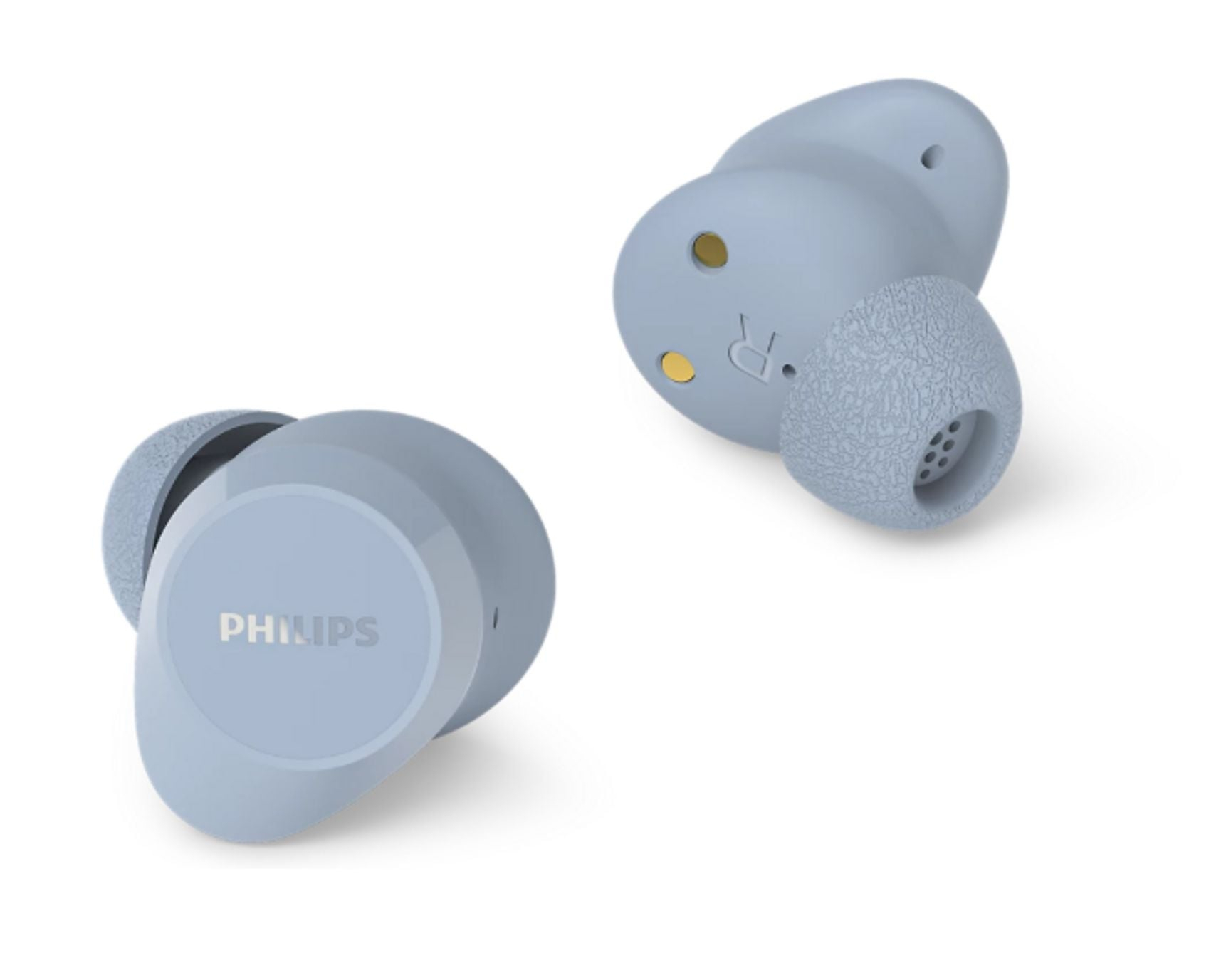 Dwa jasnoniebieskie słuchawki Philips na białym tle.