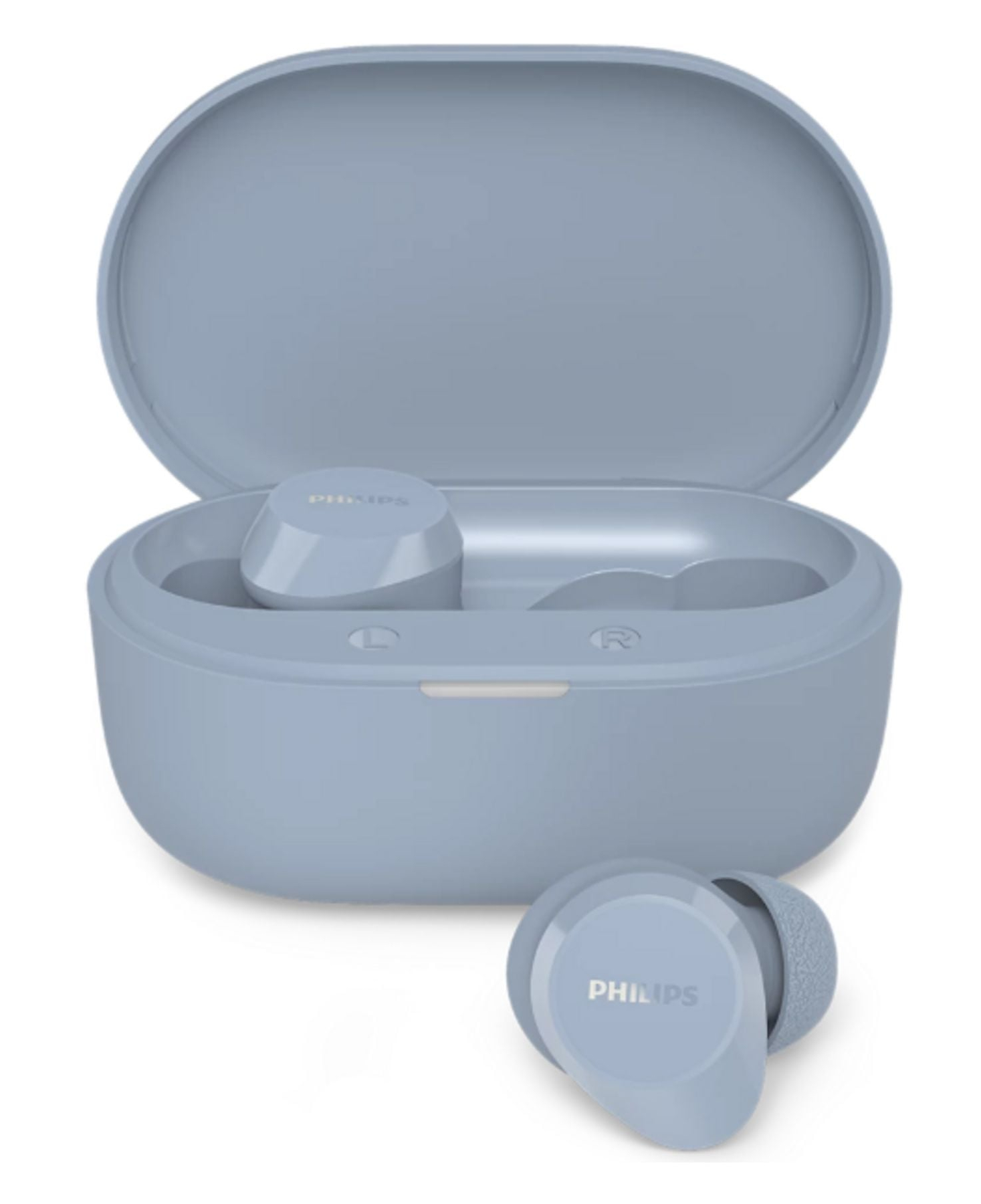 Niebieskie słuchawki Philips z etui ładującym, jedno wyjęte.