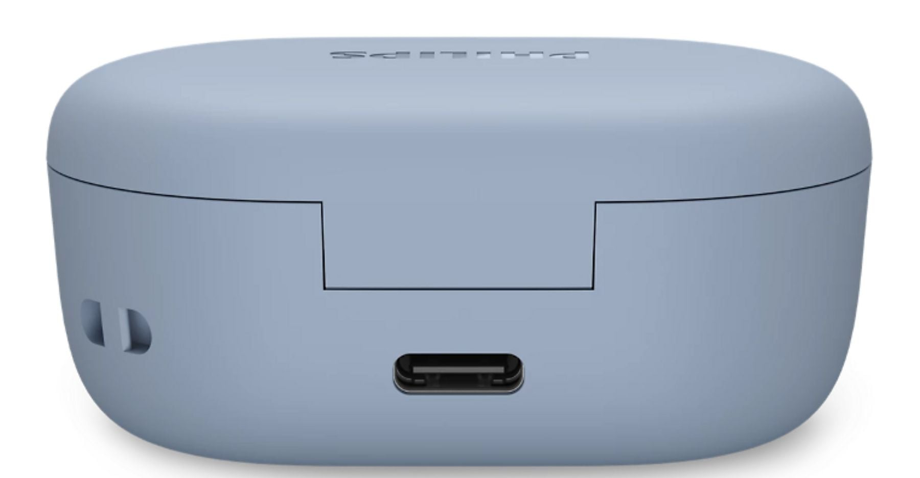 Niebieska ładowarka do słuchawek z portem USB-C i otworami wentylacyjnymi.