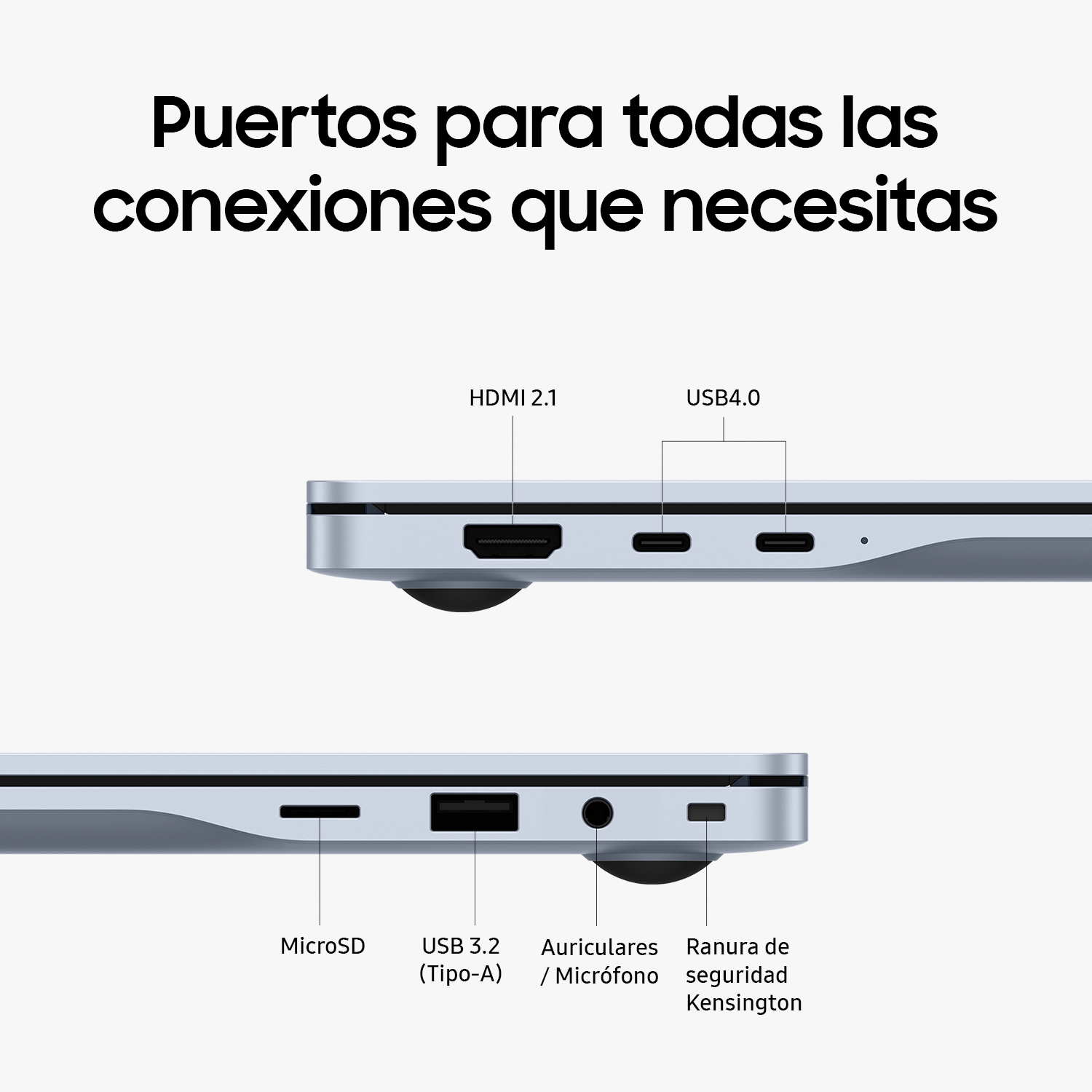 Puertos para todas las conexiones que necesitas: HDMI 2.1, USB 4.0, MicroSD, USB 3.2 Tipo-A, auriculares/micrófono.