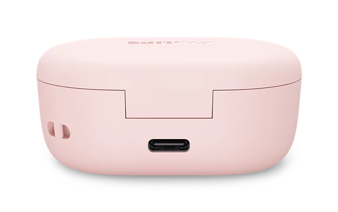 Różowe etui ładujące do słuchawek z portem USB-C.