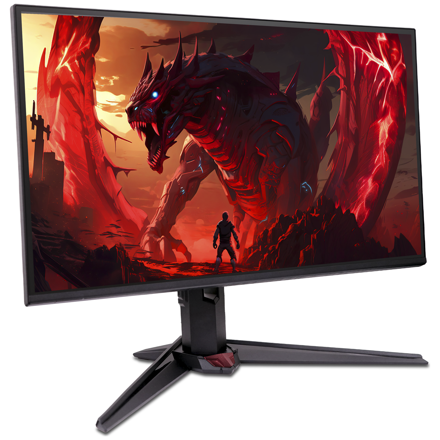 A man faces a giant red dragon in a fiery landscape.