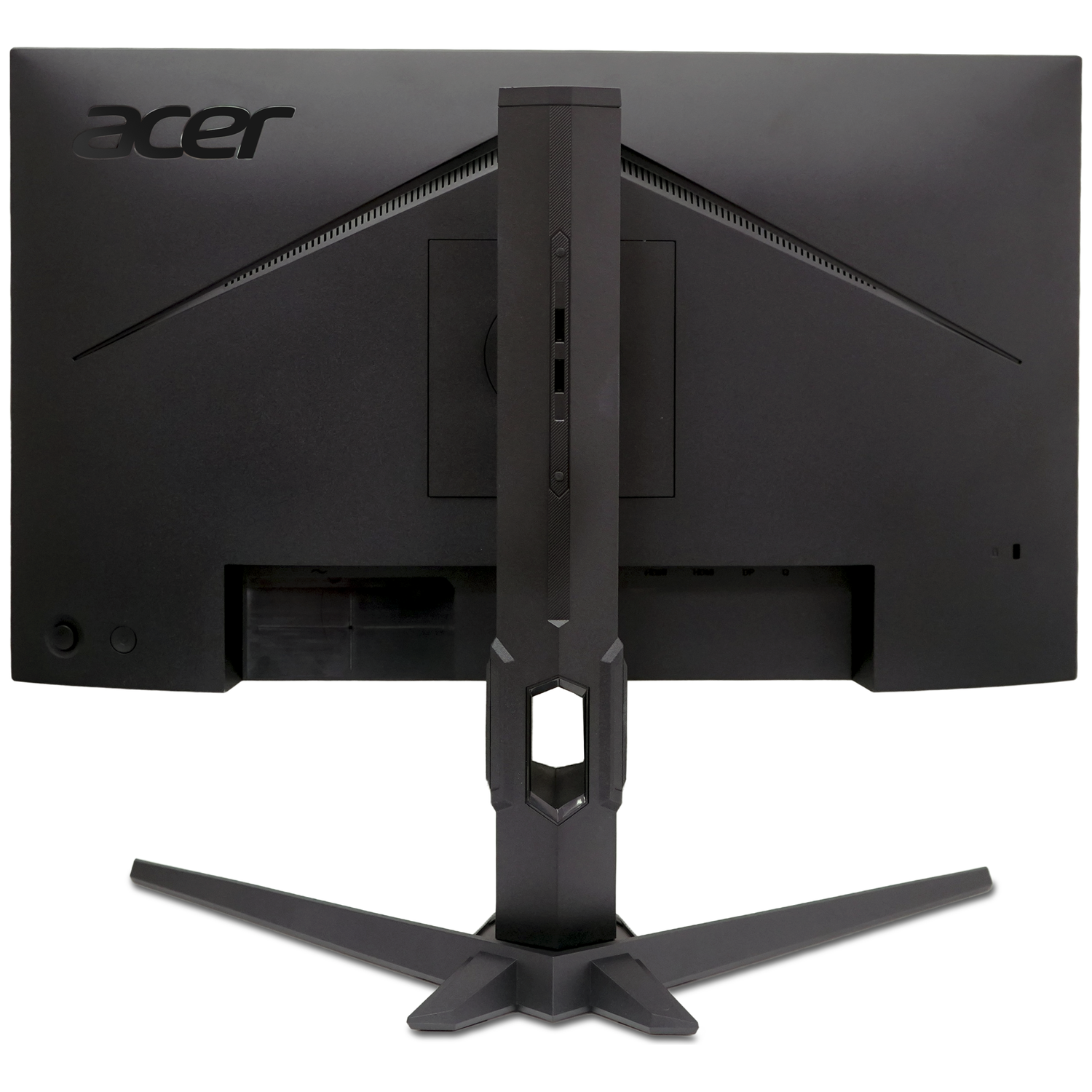 Rear view of a black Acer monitor with a three-pronged stand and ports.