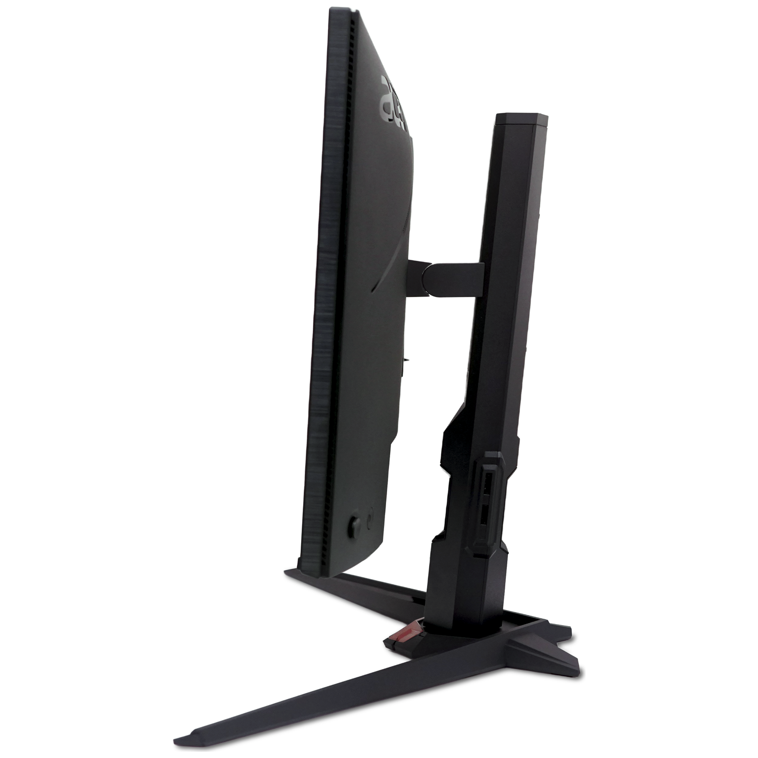 Black computer monitor on a stand, viewed from the side.