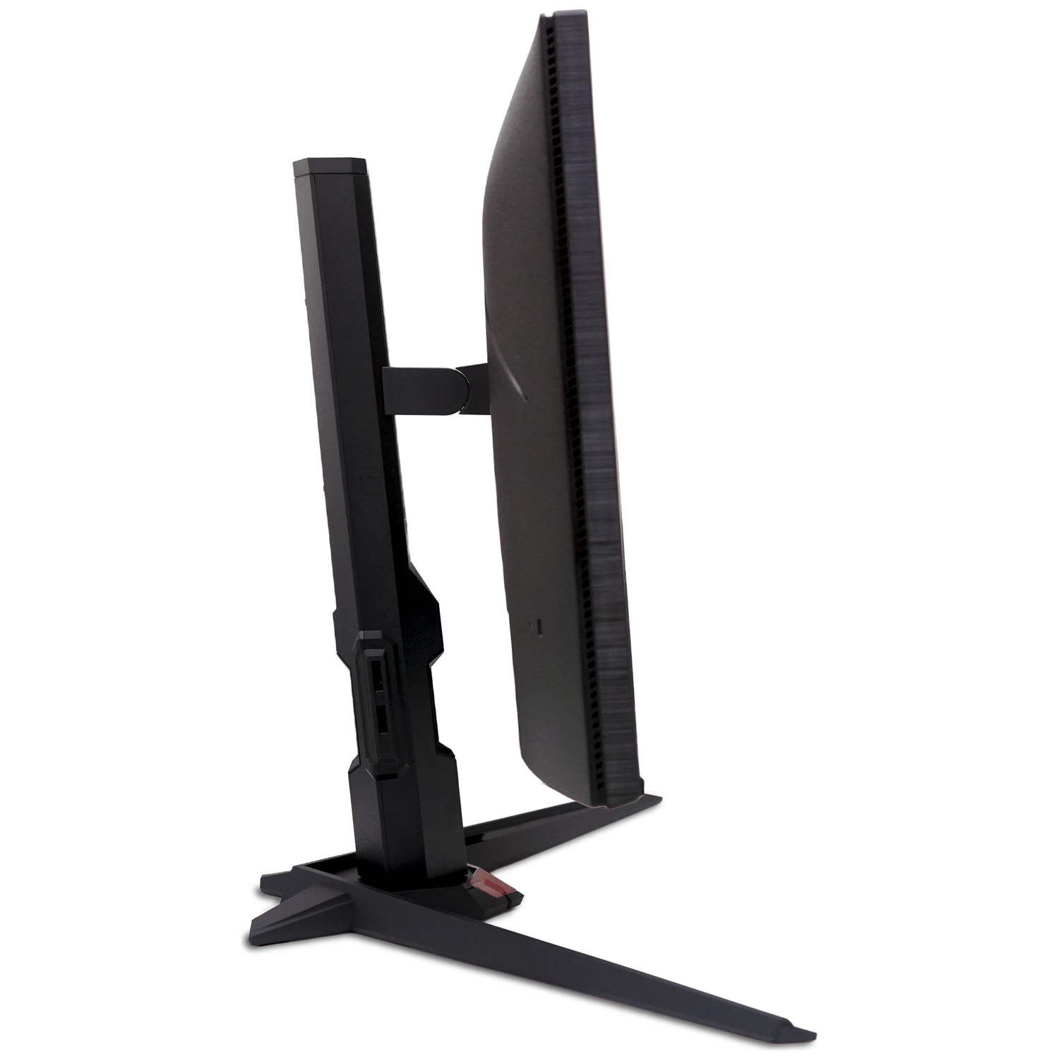 A black computer monitor viewed from the side, featuring a sturdy stand.