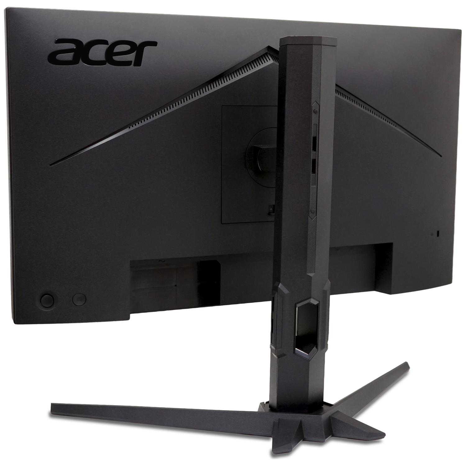 Rear view of a black Acer monitor with a silver logo and a sturdy stand.