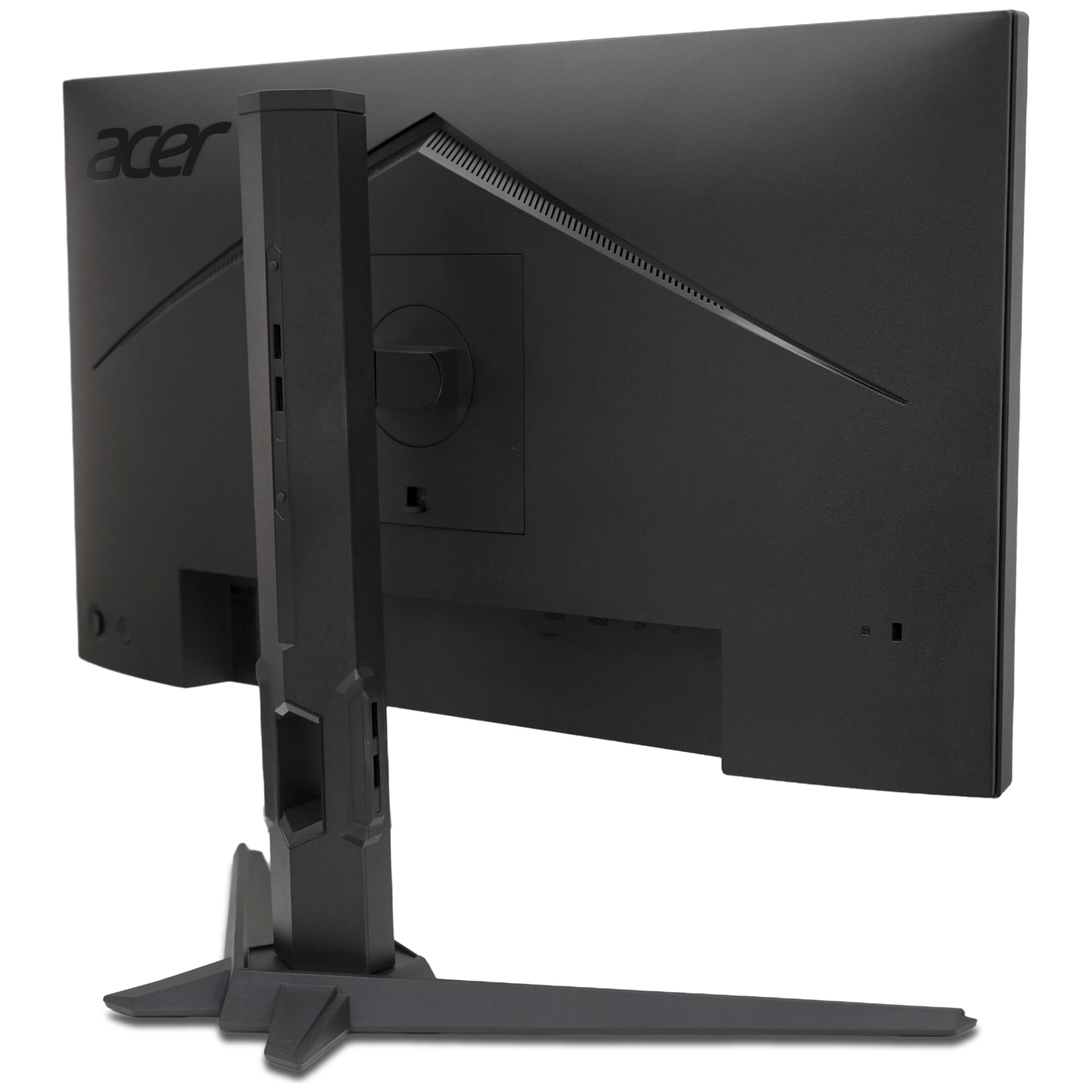 The back of a black Acer gaming monitor with a sturdy stand and ports.