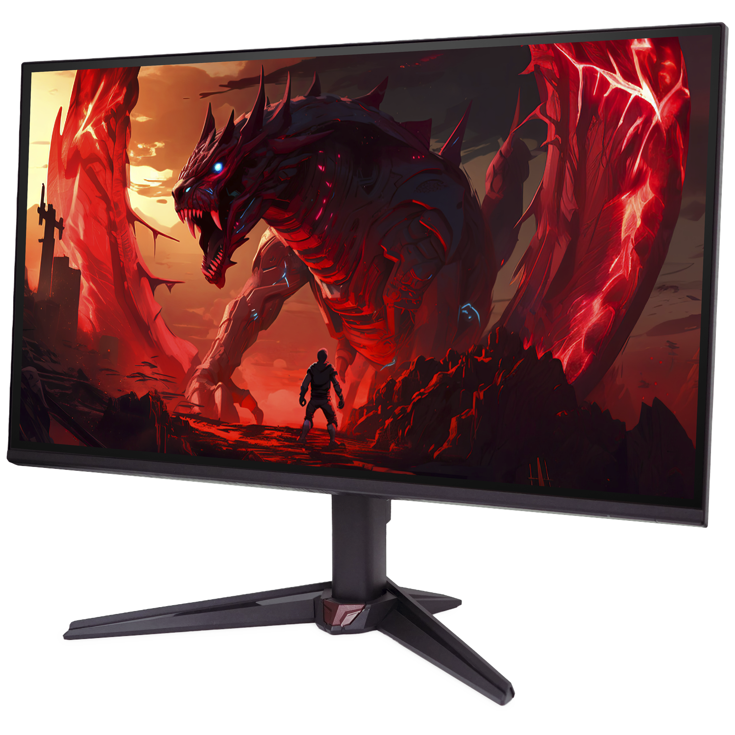 A giant red dragon with blue eyes stands before a warrior in a dark landscape.
