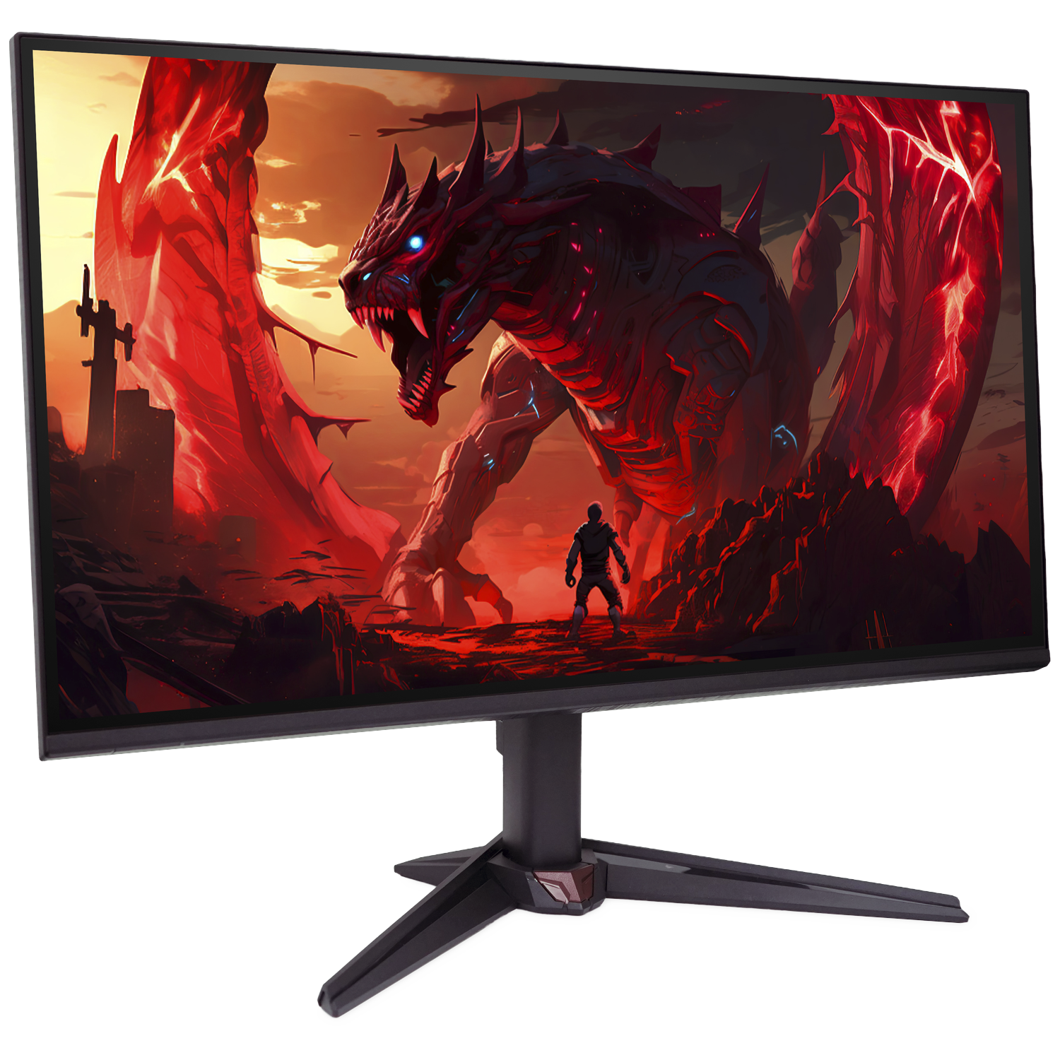 A fierce red dragon looms over a lone figure in a desolate, fiery landscape.
