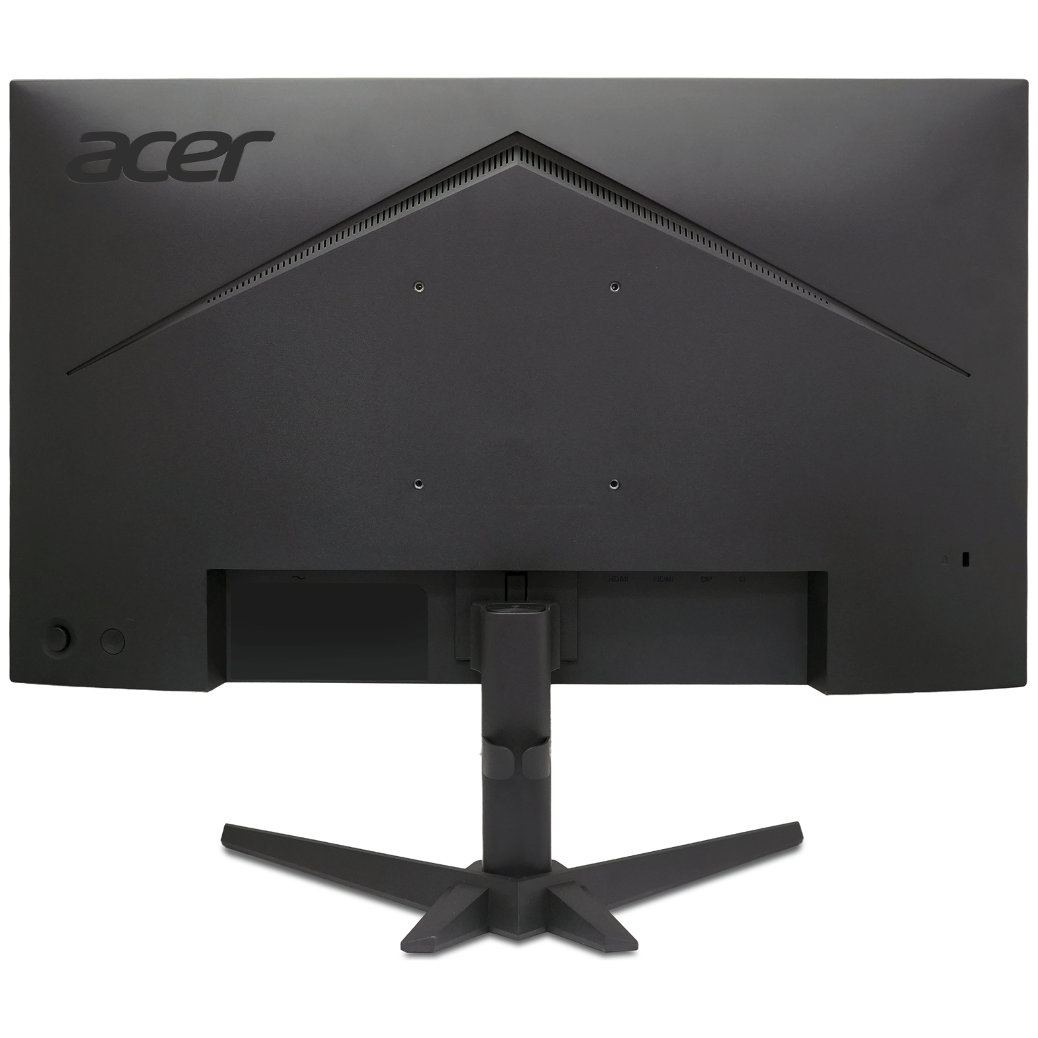 Rear view of a black Acer monitor with stand and ports.