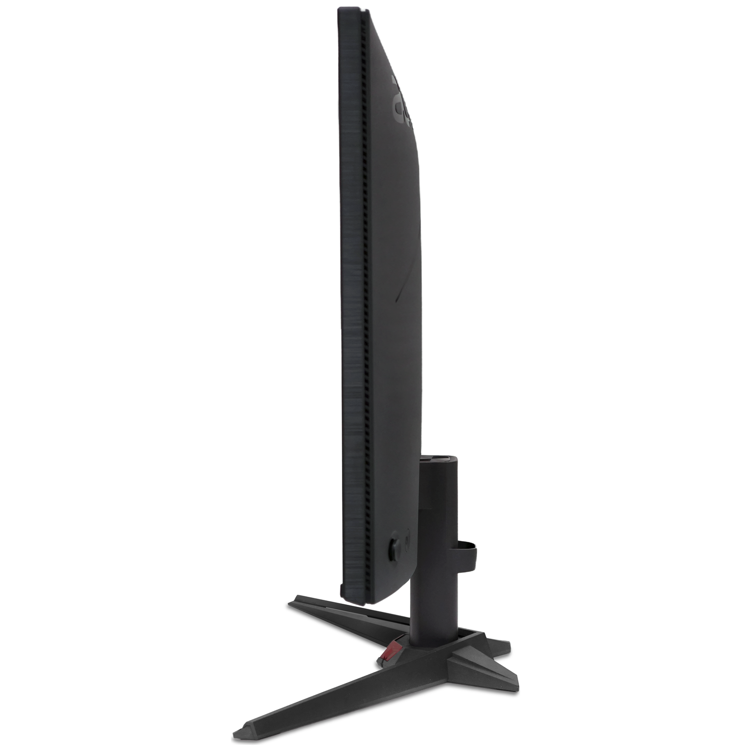 A black computer monitor on a stand, shown from the side.