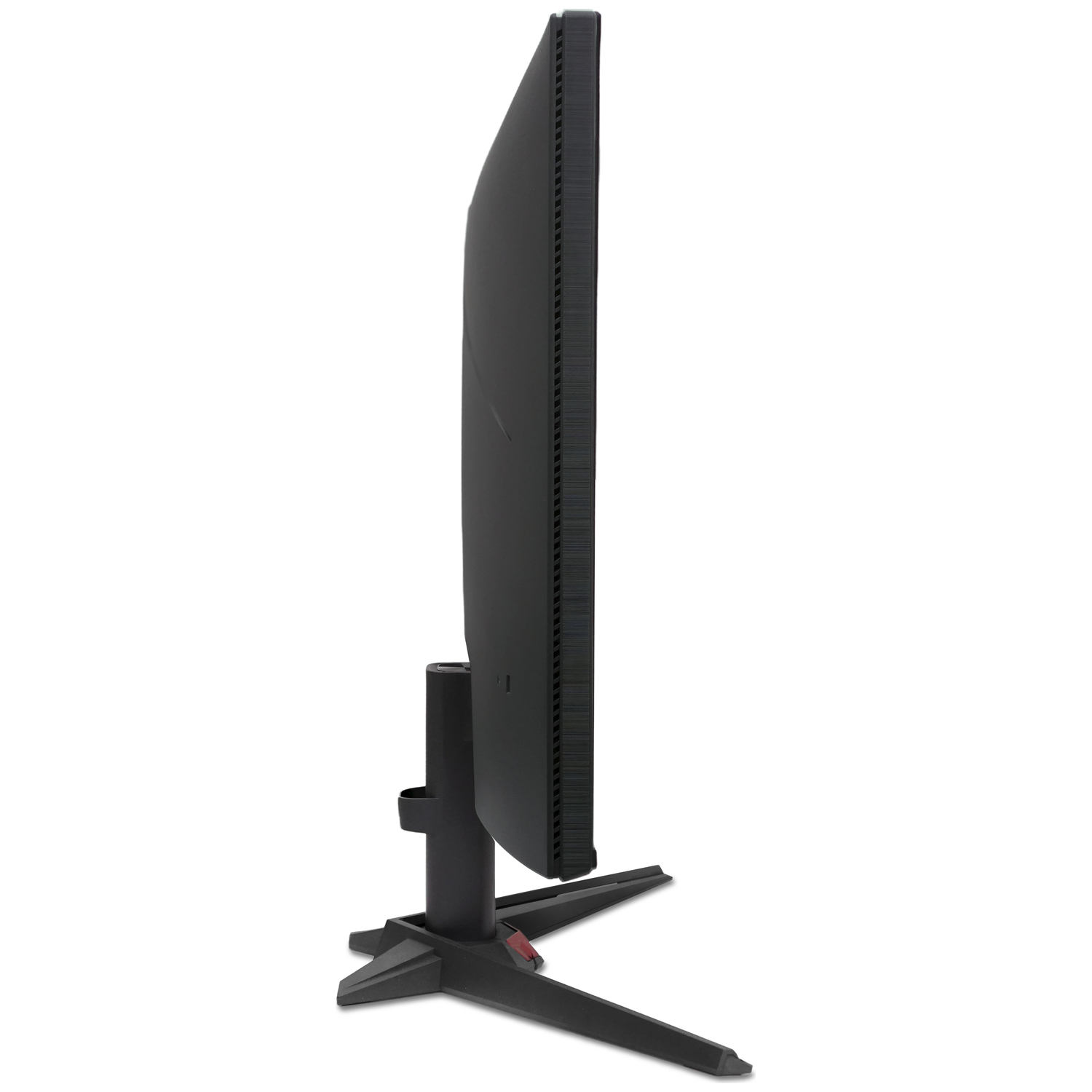 Black computer monitor seen from the side on a white background.