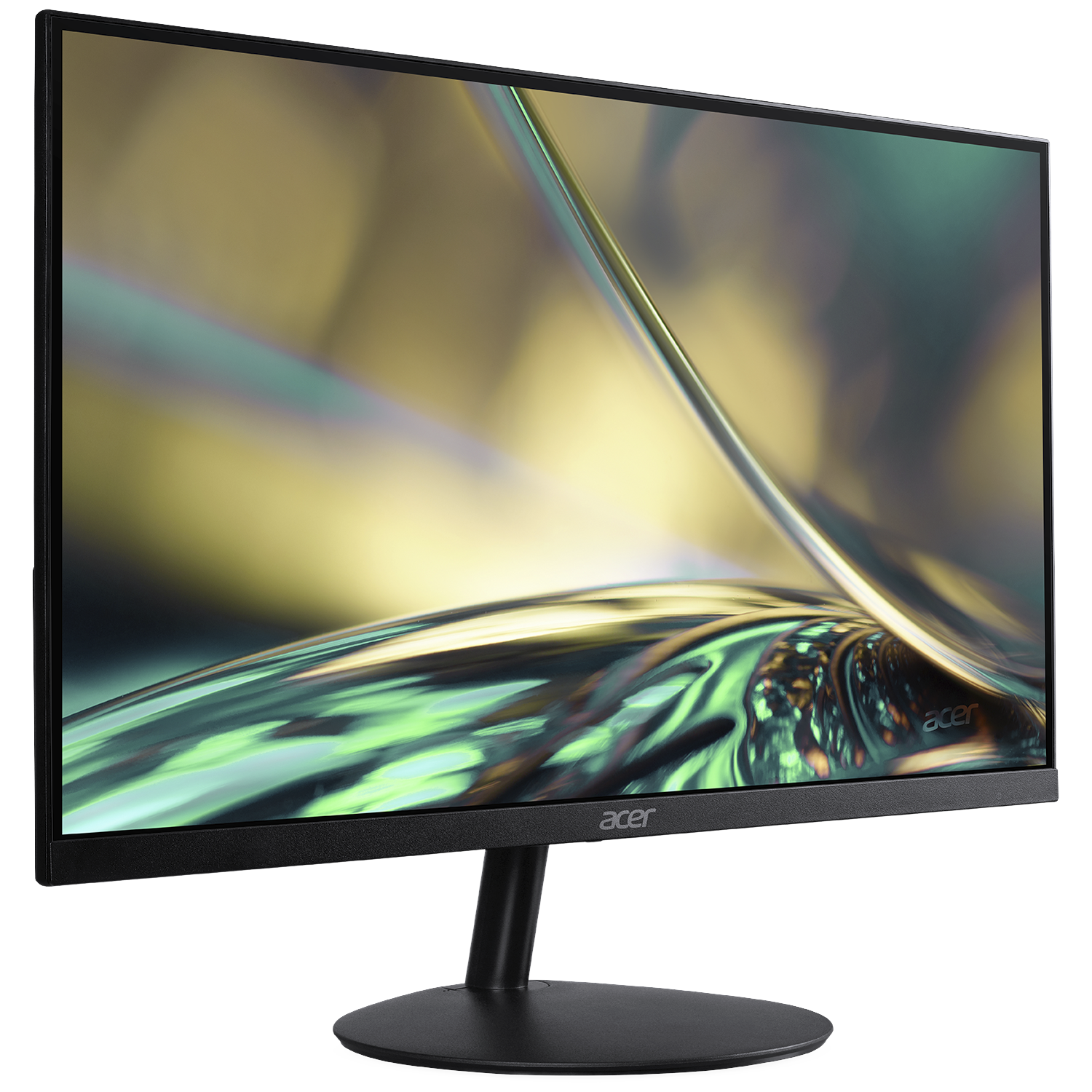 A black Acer monitor displaying a colorful, fluid background image.