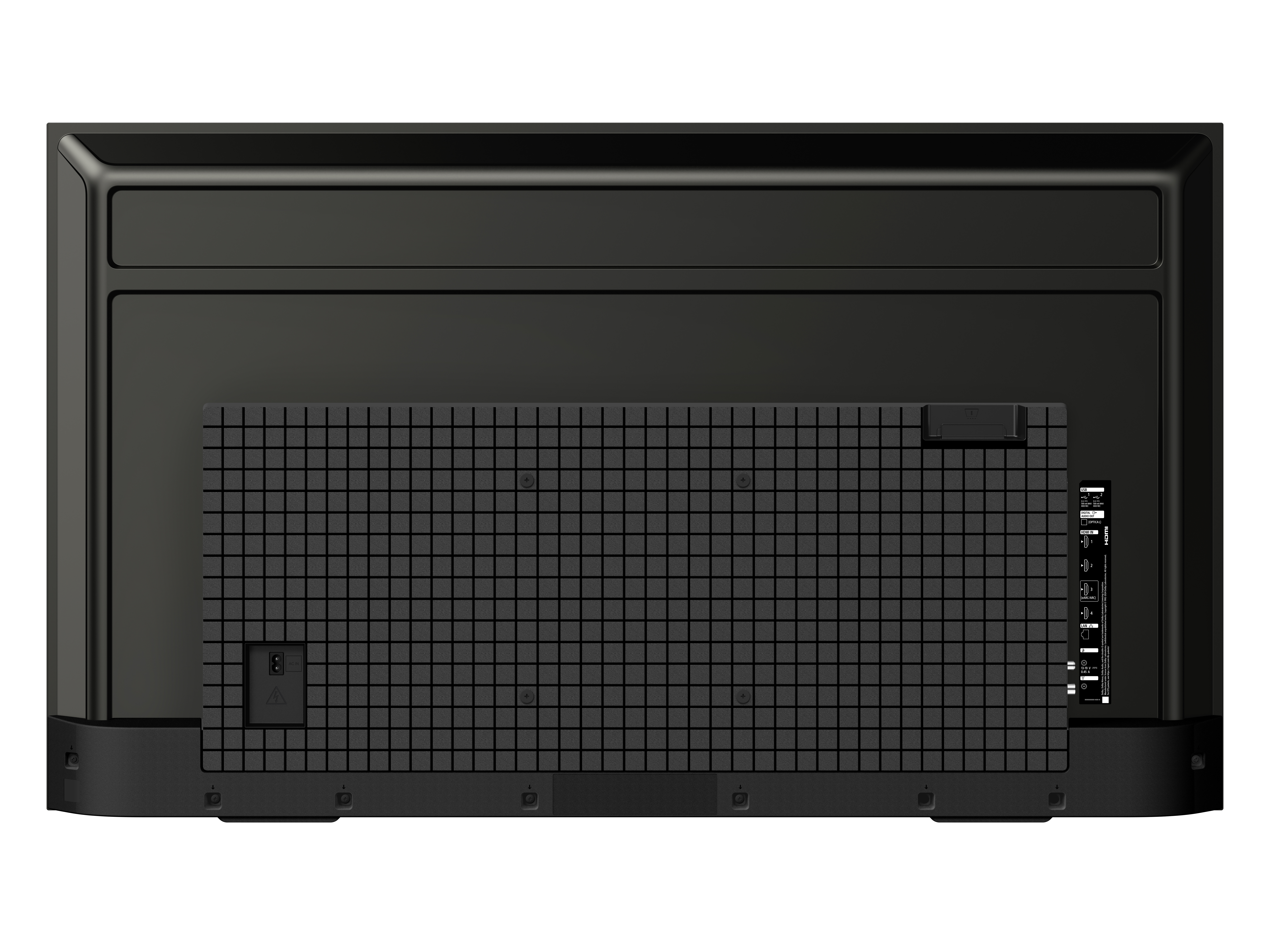 Parte posterior de un televisor negro con panel texturizado y puertos.
