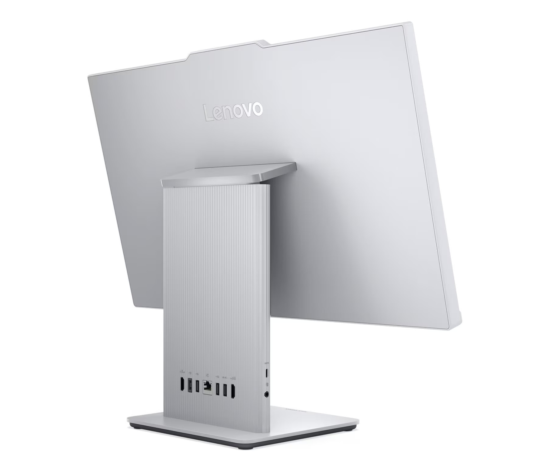 Widok z tyłu srebrnego komputera All-in-One Lenovo z portami na podstawie.