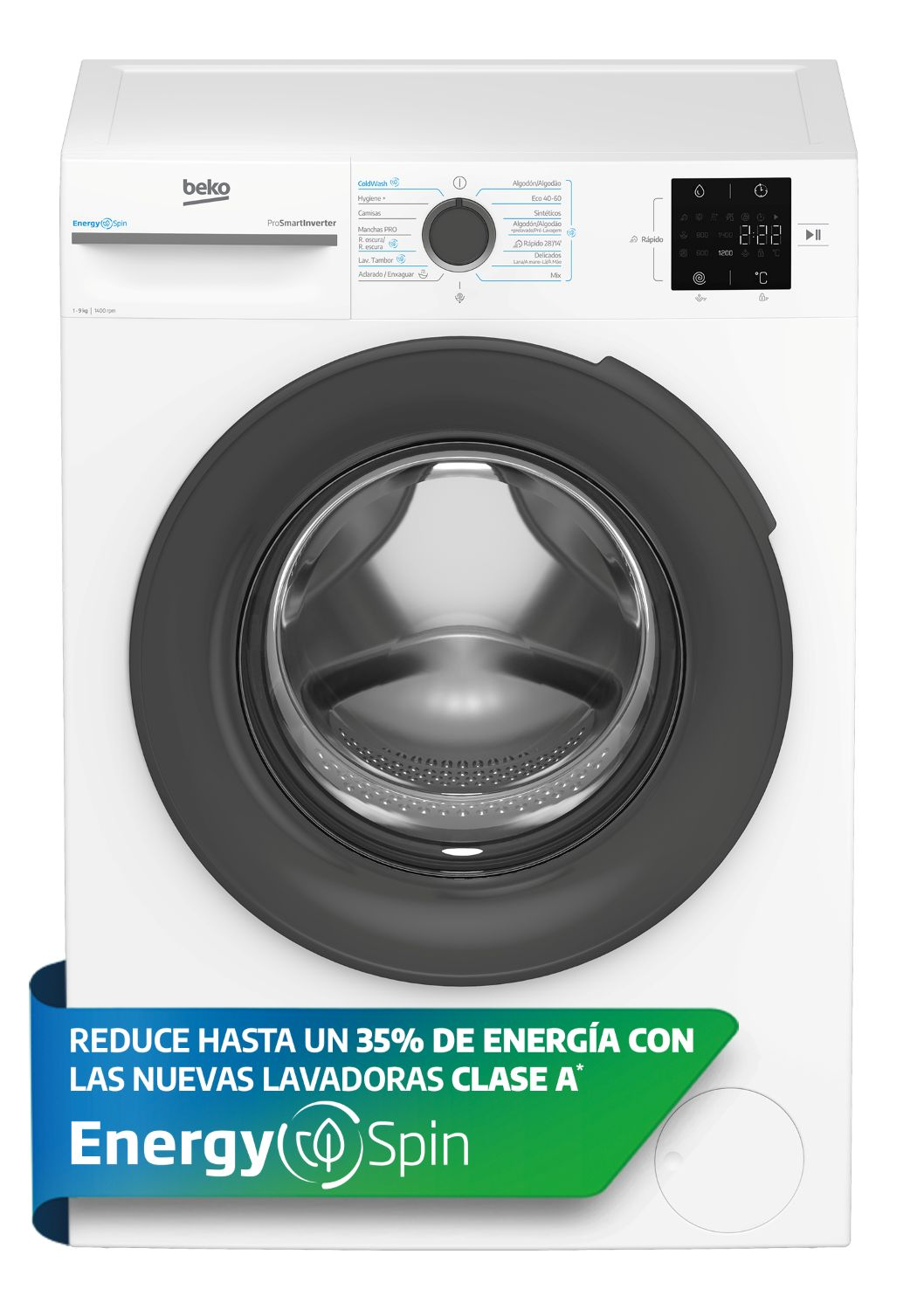 Una lavadora Beko blanca con pantalla digital y selector de programas.