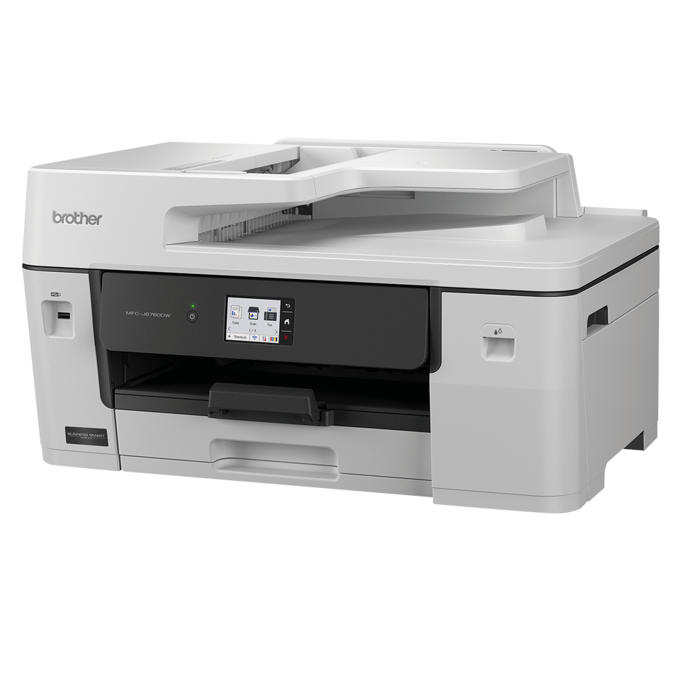 Se muestra una impresora Brother MFC-J6700W blanca con pantalla táctil a color.