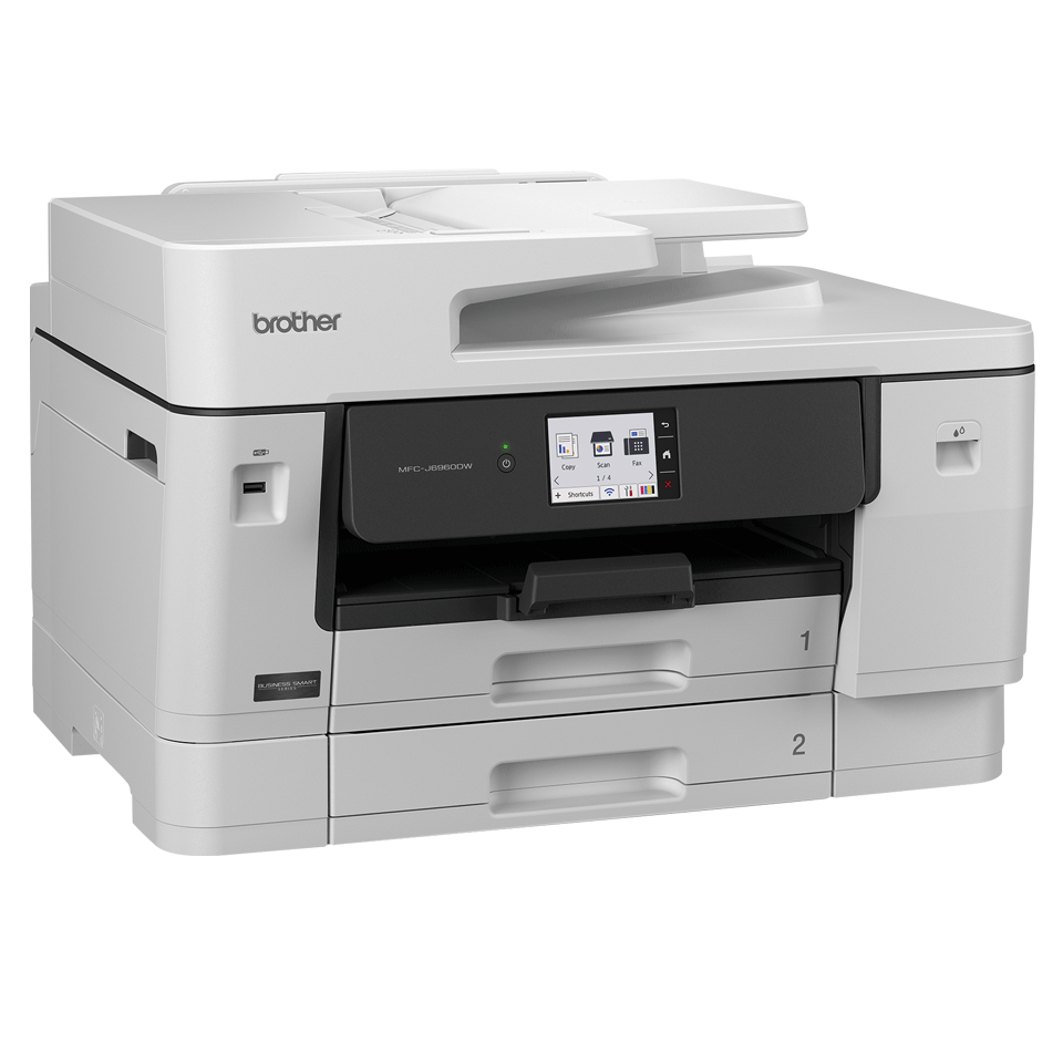 Una impresora Brother MFC-J6900DW blanca con pantalla táctil y dos bandejas de papel.