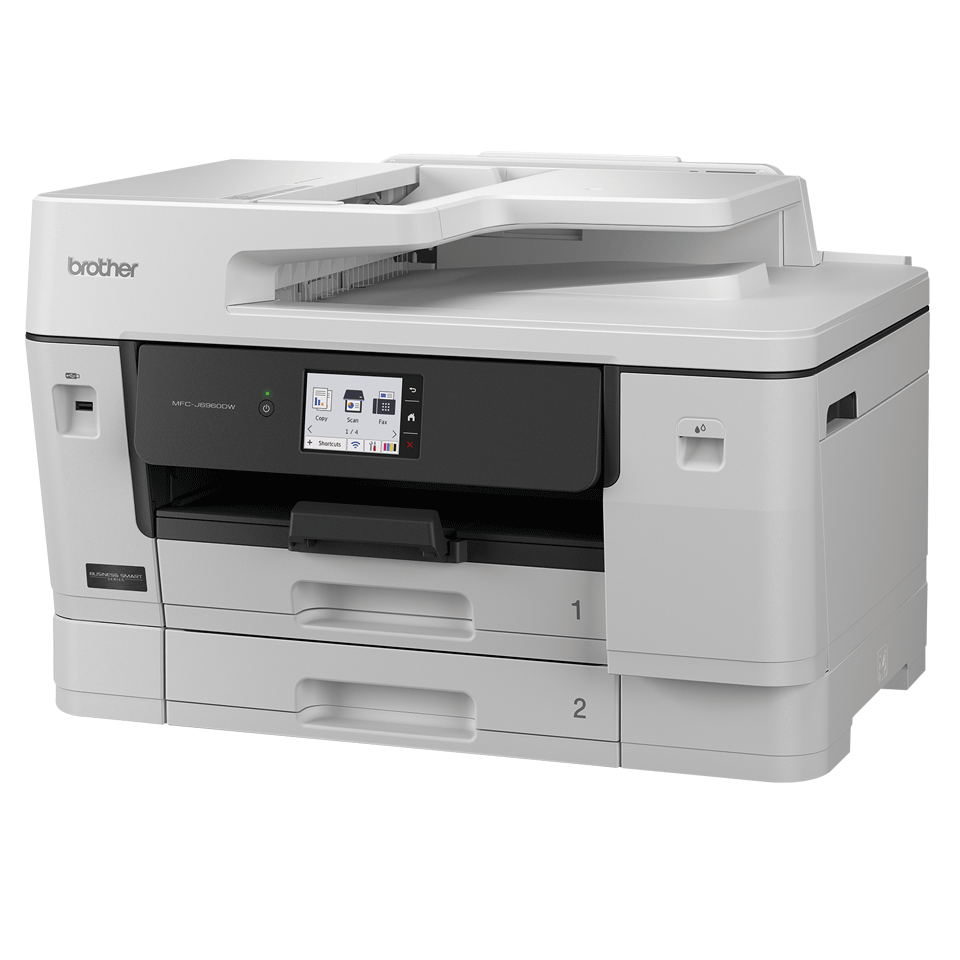 Una impresora Brother MFC-J6950DW blanca con dos cajones y pantalla táctil.