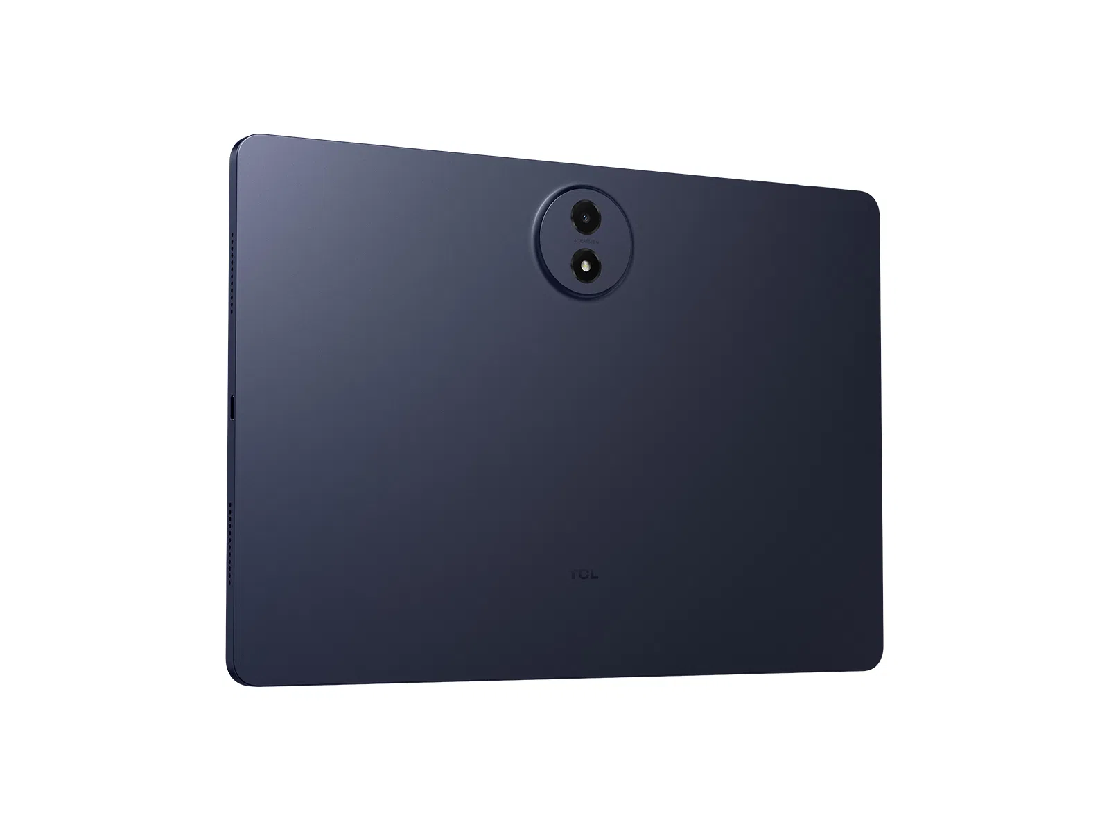 Parte trasera azul oscuro de tablet con doble cámara y logo TCL.