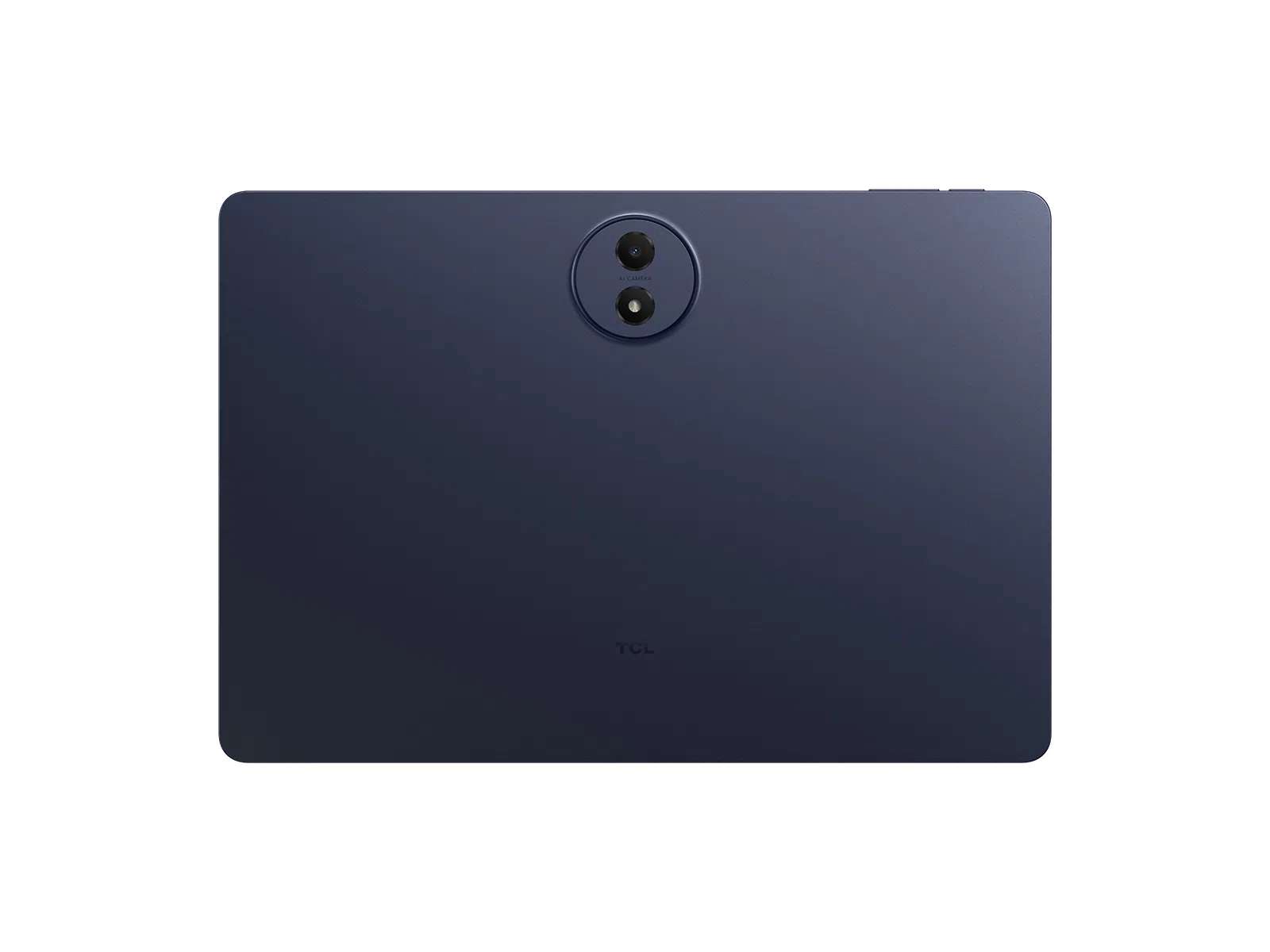 Tableta azul oscuro con doble cámara trasera y logo TCL.