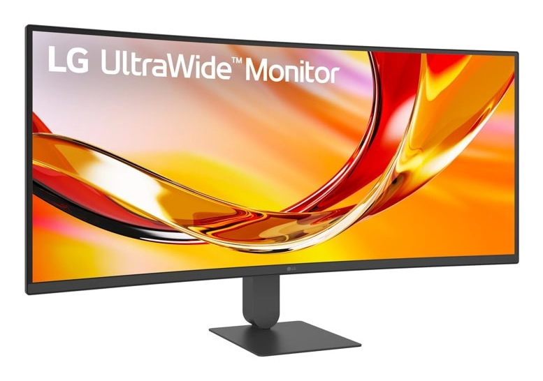 Un monitor curvo LG UltraWide con un fondo abstracto y colorido.
