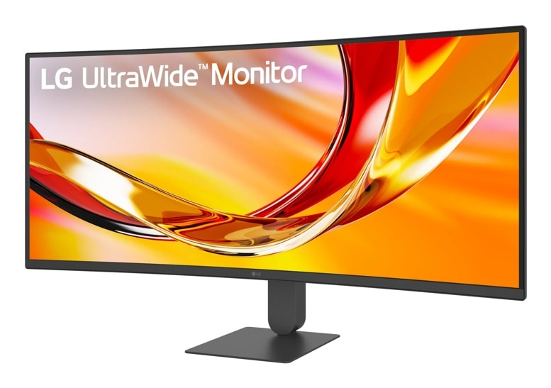 Un monitor curvo LG UltraWide con fondo abstracto naranja y amarillo.