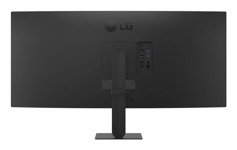 Parte trasera de un monitor LG negro con puertos y soporte.