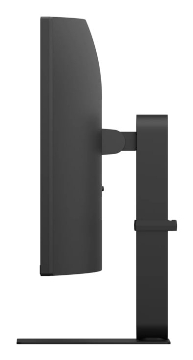 Monitor negro de perfil sobre fondo blanco, con soporte y brazo.