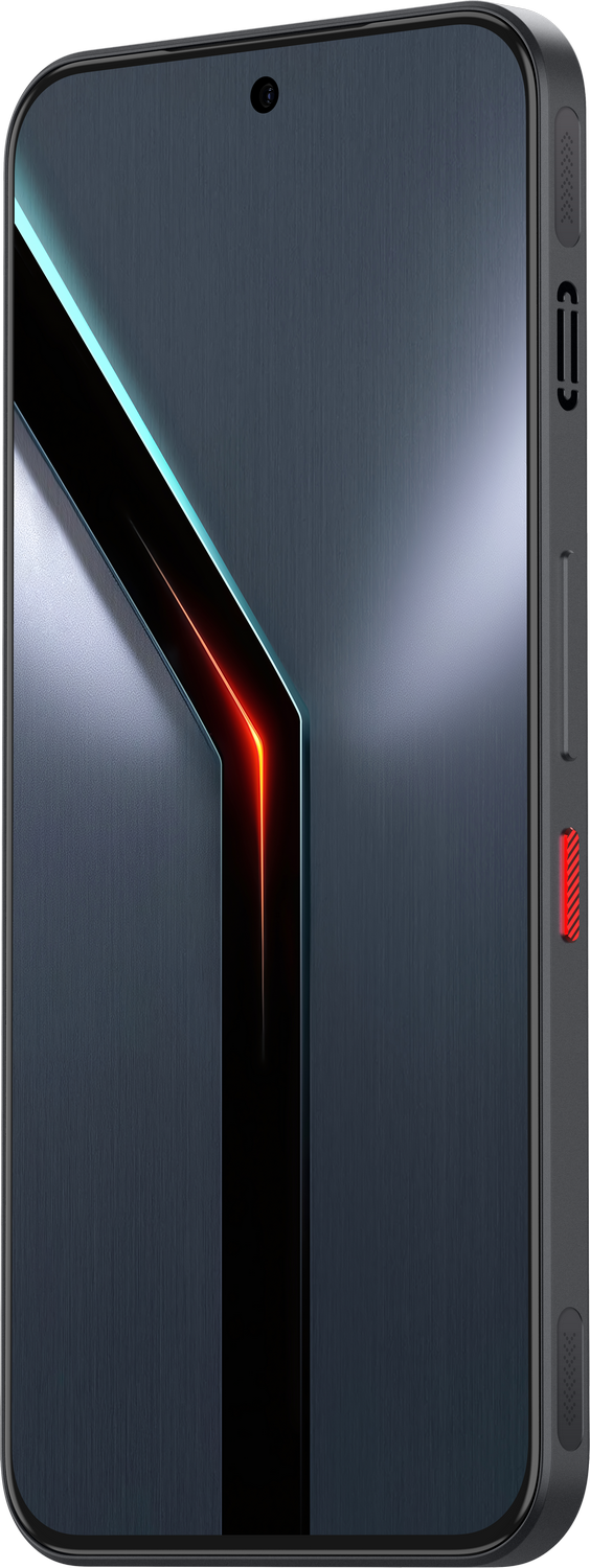 Teléfono inteligente gris oscuro con diseño en forma de Y iluminado y acento rojo.
