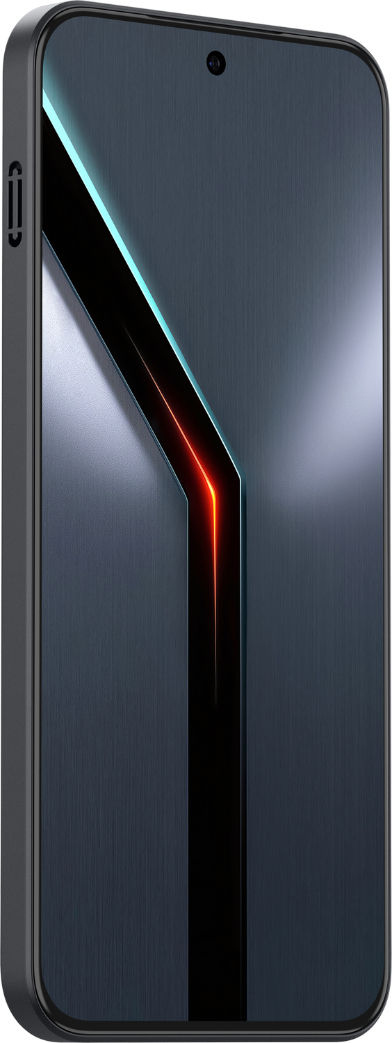 Un smartphone oscuro con un diseño en forma de Y y acentos brillantes.