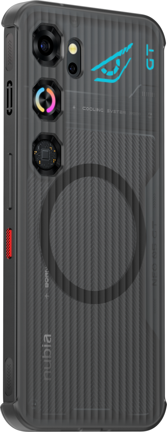 Trasera de smartphone transparente con cámaras, ventilador y logo ROG.