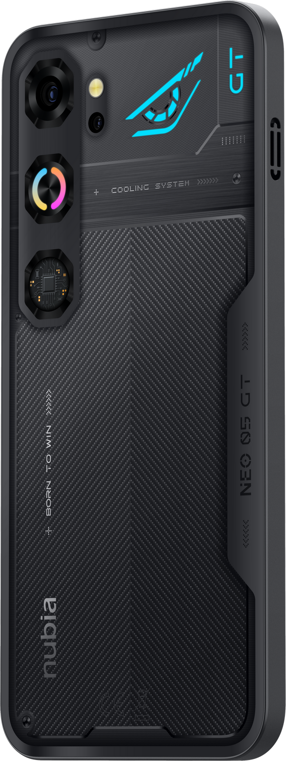 Parte trasera de un smartphone negro con ventilaciones, cámaras y logo ROG.
