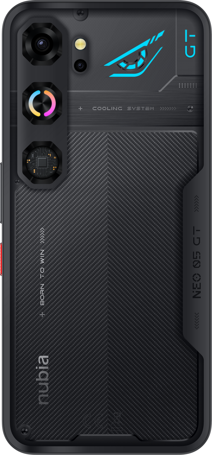 Parte trasera de un smartphone negro con cámara, ventilador y logo.