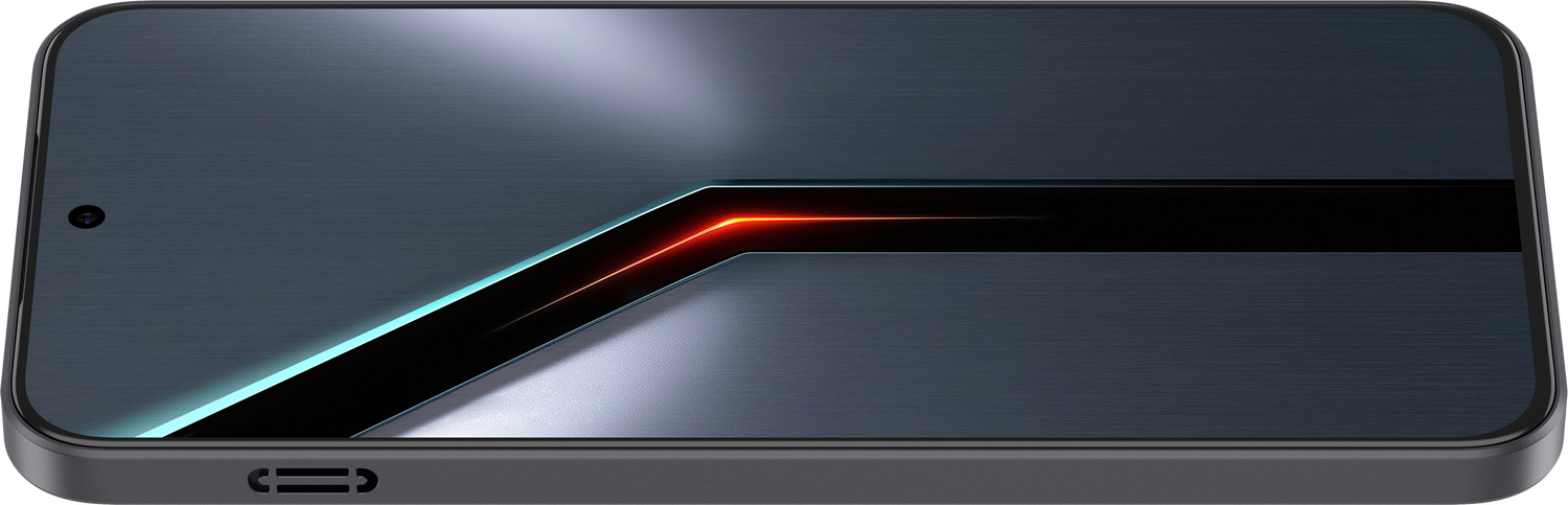 Teléfono inteligente gris oscuro con iluminación de acento roja y azul en la pantalla.