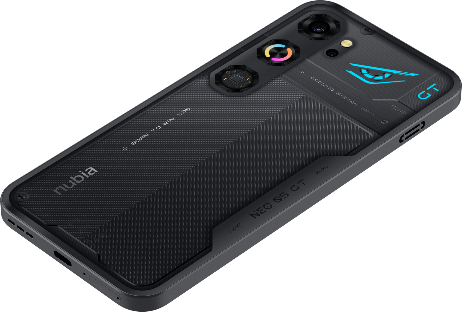 Parte trasera de un smartphone Nubia Neo 95 GT negro con logo del sistema de refrigeración.