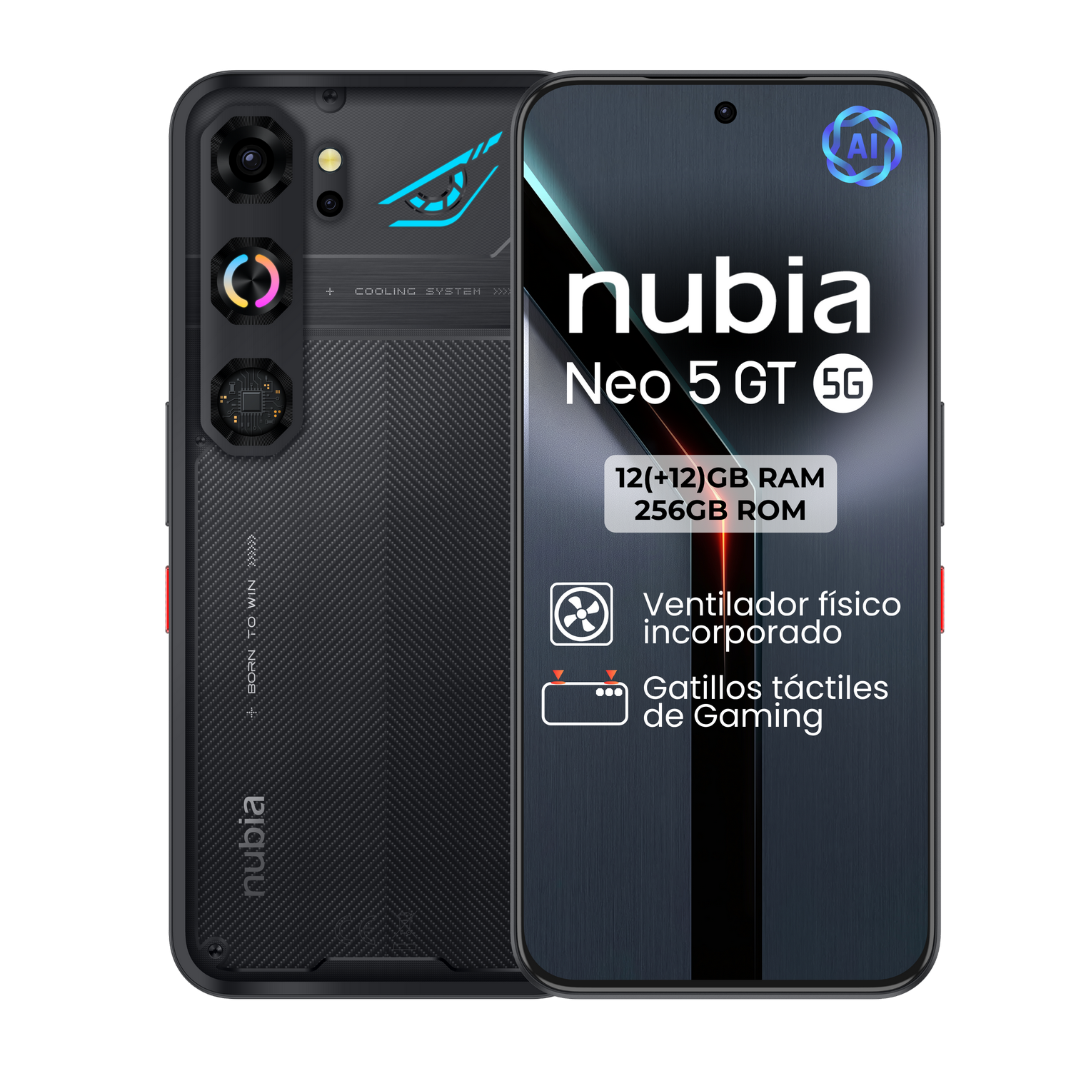 Nubia Neo 5 GT 5G negro con ventilador y gatillos.