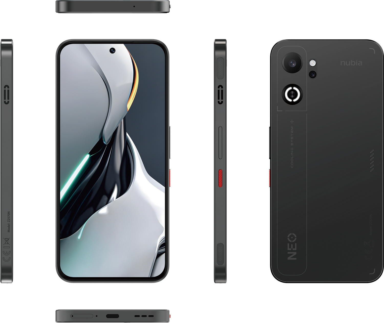 El smartphone Nubia Neo negro, vistas frontal, trasera y lateral con cámara.