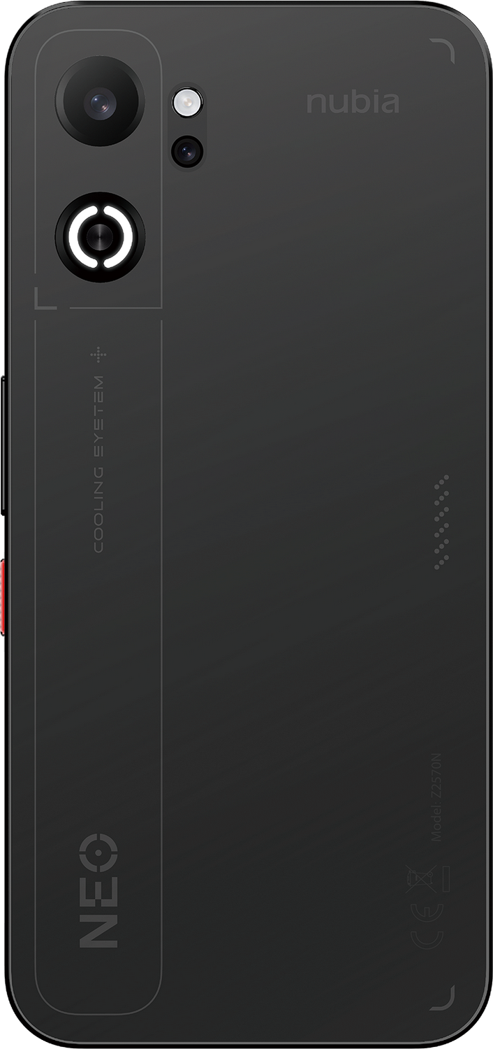 Teléfono inteligente negro con triple cámara y logo de Nubia.