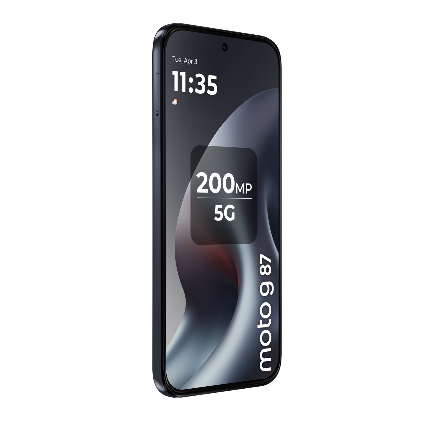 Smartphone Moto G 87 azul oscuro mostrando pantalla 200MP 5G.