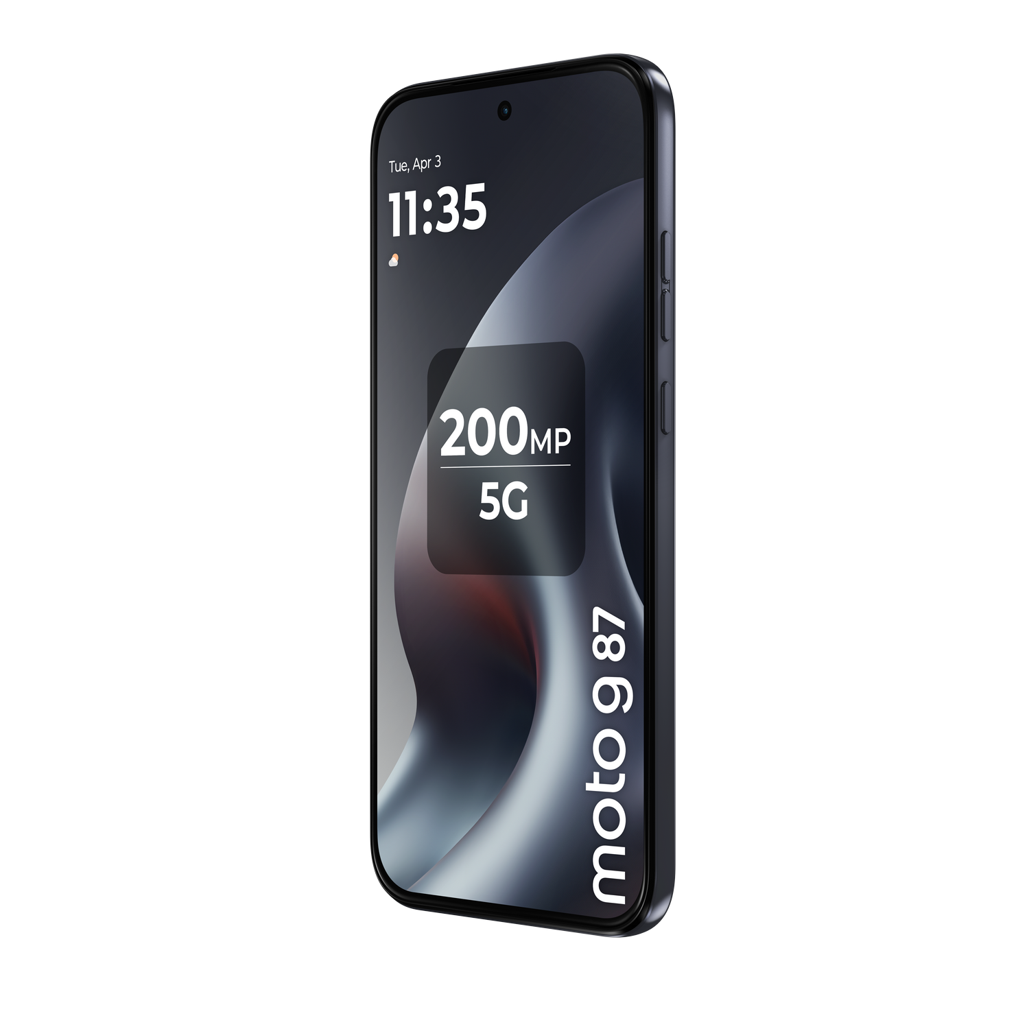 Un Motorola Moto g 87 oscuro mostrando 200MP 5G.